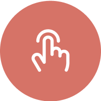 White touchscreen tap icon on a coral circular background, symbolizing ease of use or one-touch operation.
