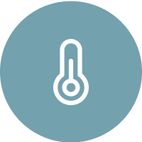 White thermometer icon on a blue circular background, symbolizing temperature control or heating and cooling.