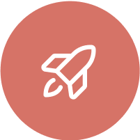 White rocket icon on a coral circular background, symbolizing speed, efficiency, or innovation.