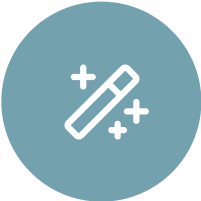 White magic wand icon on a blue circular background, symbolizing innovation or special features.